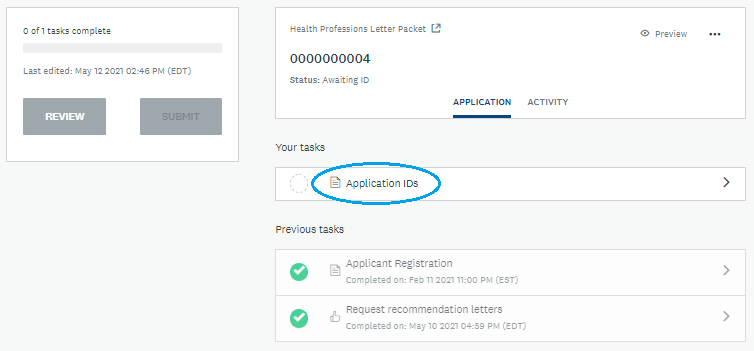 Screenshot: Access Application IDs Form in Health Professions Letter Packet