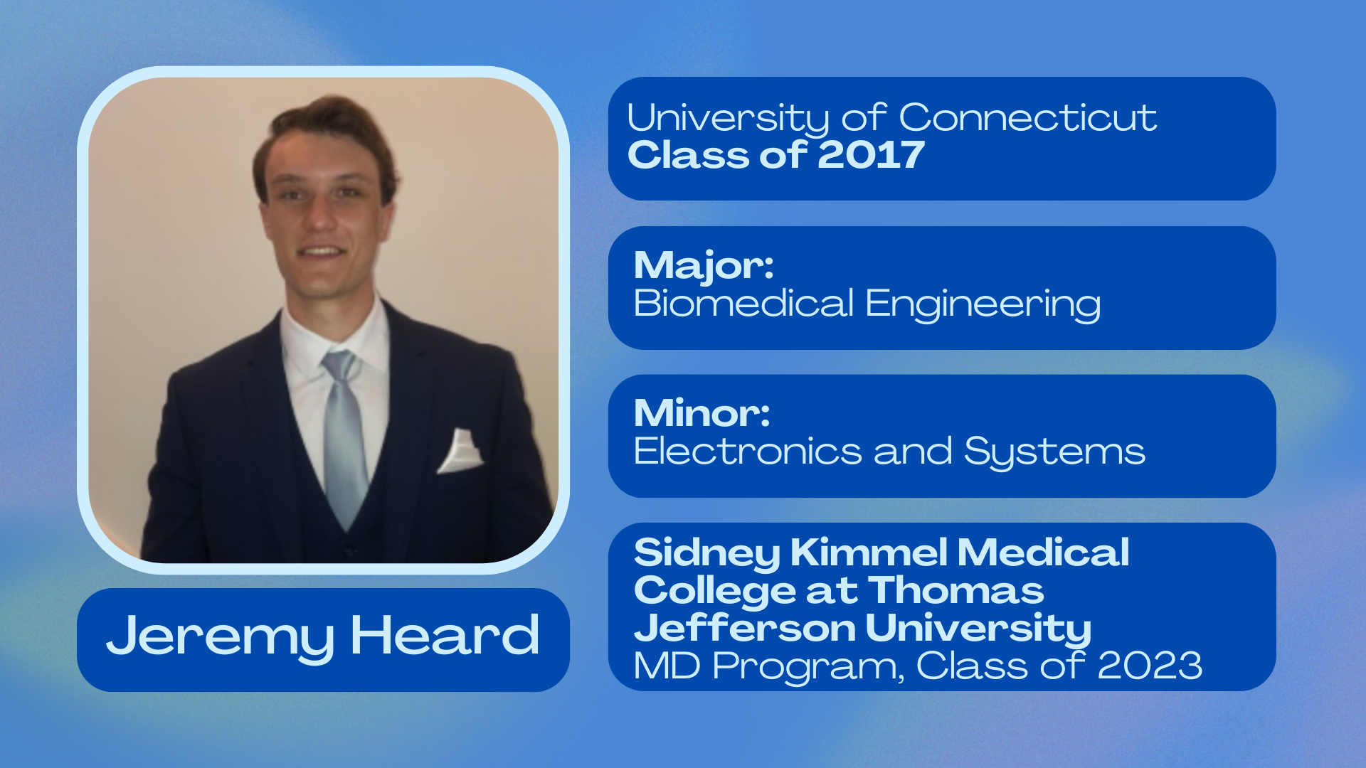 Jeremy Heard; University of Connecticut class of 2017; Major: Biomedical Engineering; Minor: Electronics and Systems; Sidney Kimmel Medical College at Thomas Jefferson University MD program class of 2023