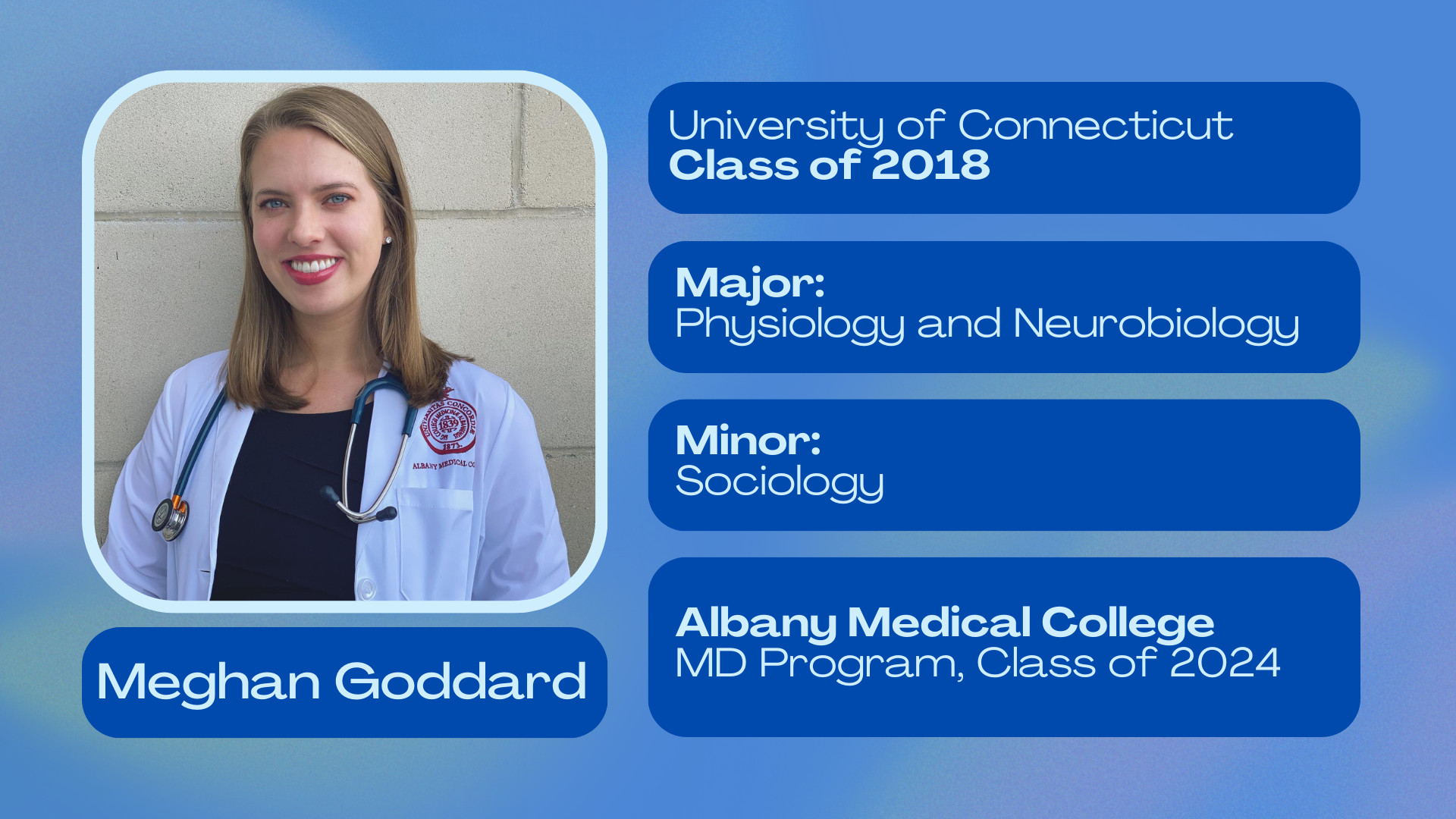 Meghan Goddard; University of Connecticut class of 2018; Major: Physiology and Neurobiology; Minor: Sociology; Albany Medical College class of 2024
