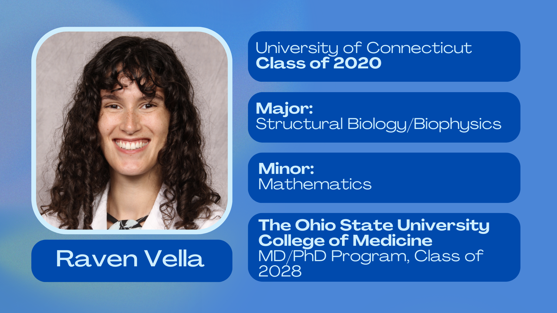 Raven Vella; University of Connecticut class of 2020; Major: Structural Biology/Biophysics; Minor: Mathematics; The Ohio State university College of Medicine MD/Phd Program class of 2018