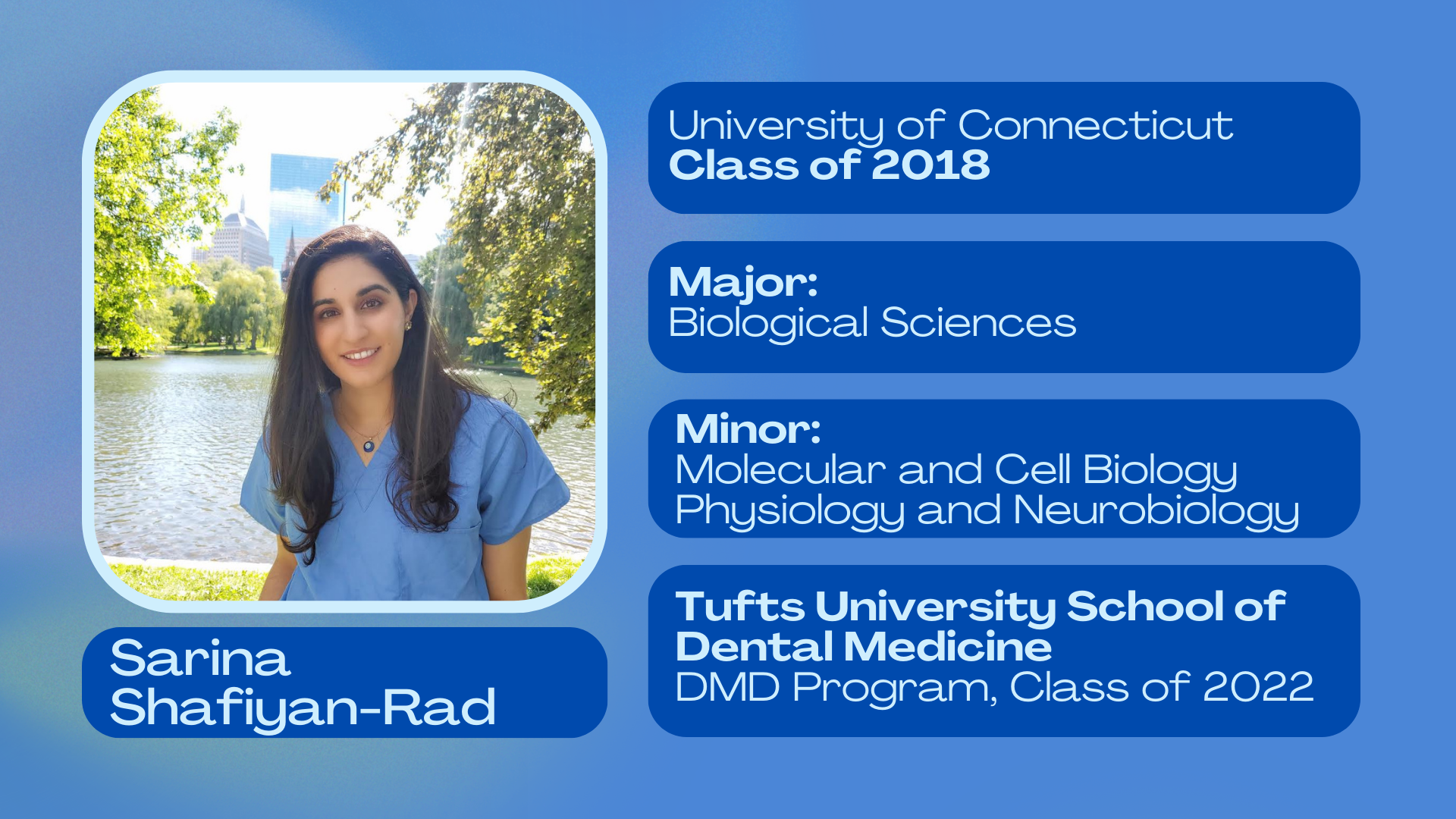 Sarina Shafiyan-Rad; University of Connecticut class of 2018; Major: Biological Sciences; Minor: Molecular and Cell Biology, Physiology and Neurobiology; Tufts University School of Dental Medicine DMD program class of 2022